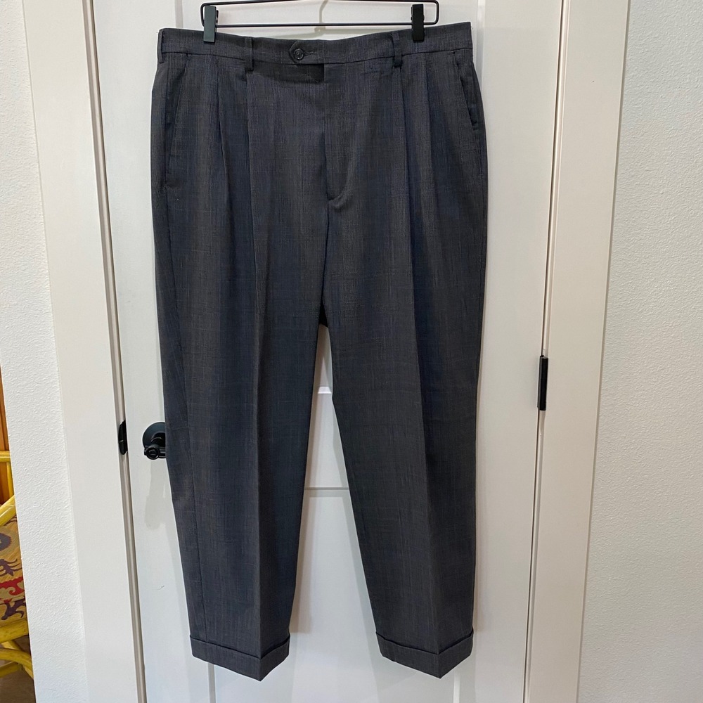 Haggar Mens Gray Glen Plaid Pleated Cuffed Dress Pants 38" Wool Blend Stretch
